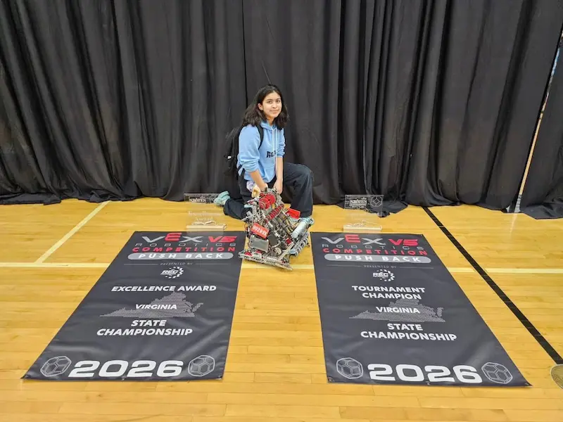 Playto Labs student Leah Zachariah Virginia State Champion and Excellence Award Winner, VEX V5 Robotics Competition
