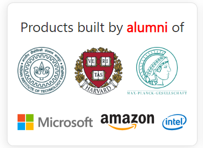 Logos indicating products built by alumni of IIT and Harvard.