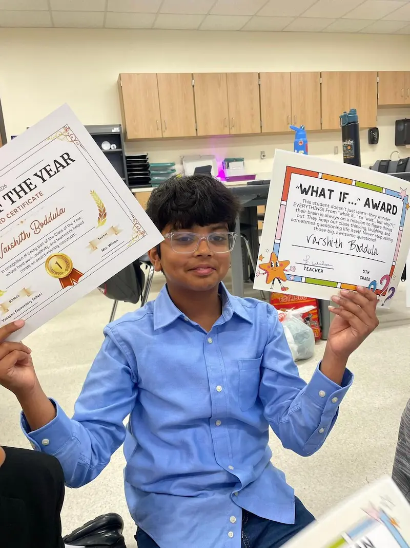 Playto Labs student Varshith Boddula won What If Award and Student of the Year recognition in Celina, Texas, USA
